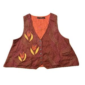 Gundrun Sjoden Orange Boho Embroidered Quilted Organic Cotton Vest Size Medium